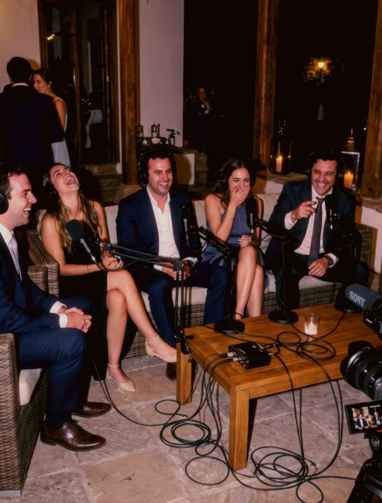 Invitados elegantes conversan de noche en los sillones del set — recreación del ambiente Speak Now.