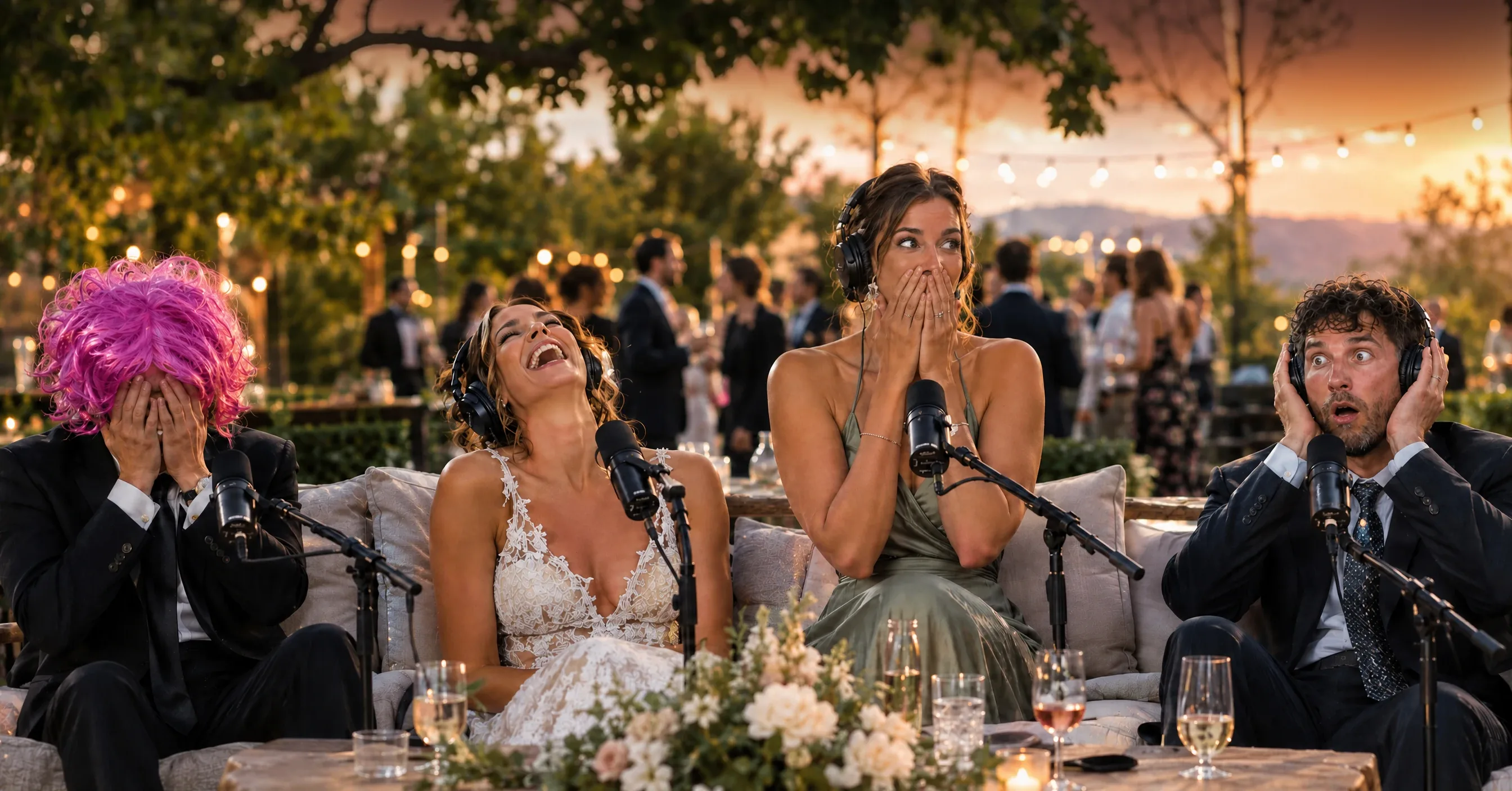 Novios e invitados con audífonos y micrófonos en el set de podcast, riendo y tapándose la cara, durante un matrimonio al atardecer